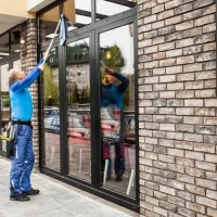 A uniformed professional cleaner providing reliable home and office cleaning services in Gibraltar, ensuring a spotless and hygienic interior workspace.