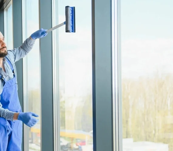 Expert providing commercial window cleaning services for a modern glass storefront and office building in Gibraltar.